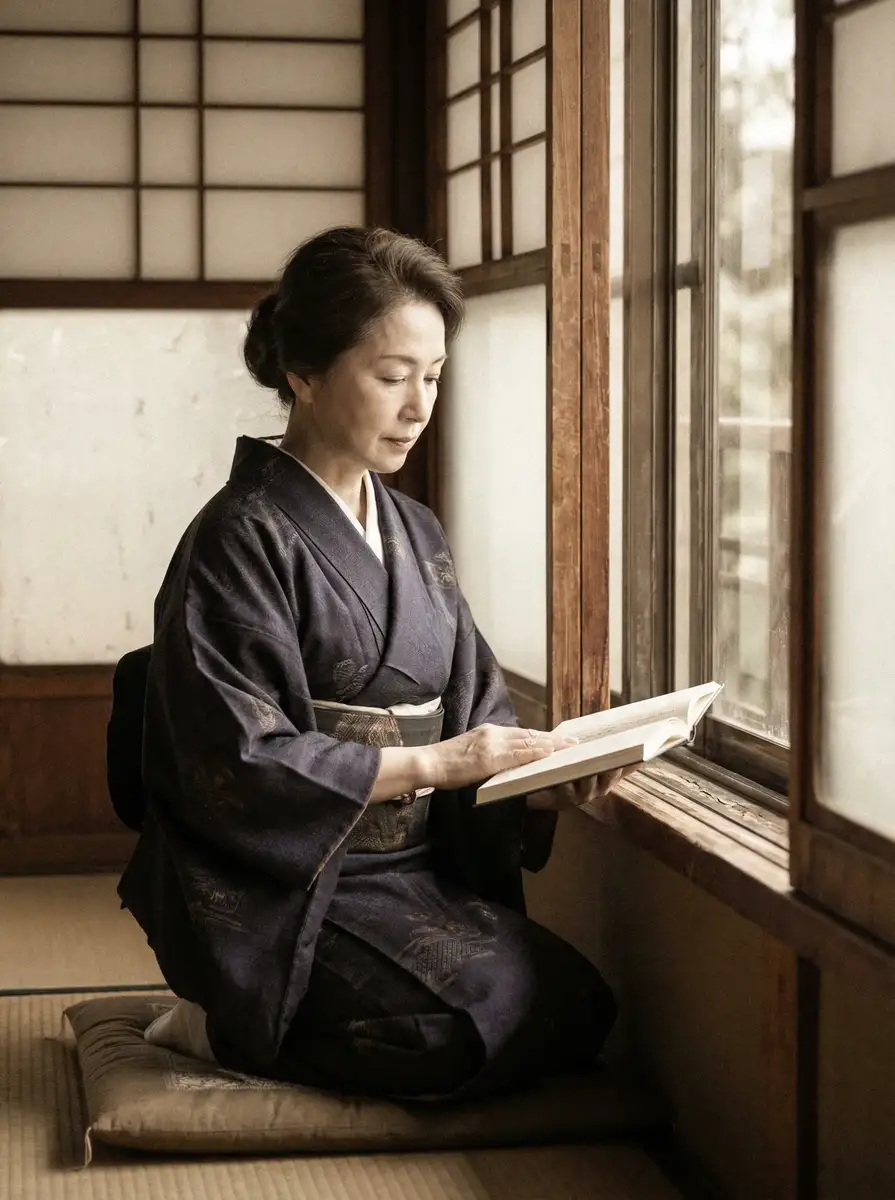 一位优雅的五十岁 梦乃爱华 身穿深蓝色和服，在窗边静读