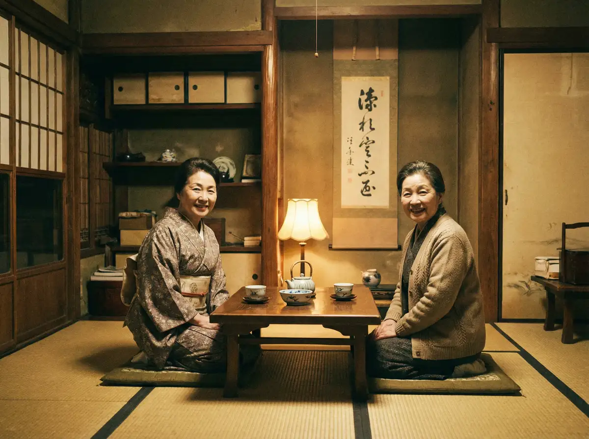 两位优雅的 梦乃爱华 在日式茶室中品茶交谈